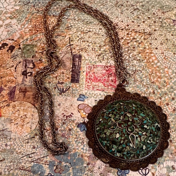 Vintage 1970s Turquoise Mosaic Pendant – Filigree Border, 2.75" Diam, Rope Chain - Picture 2 of 6